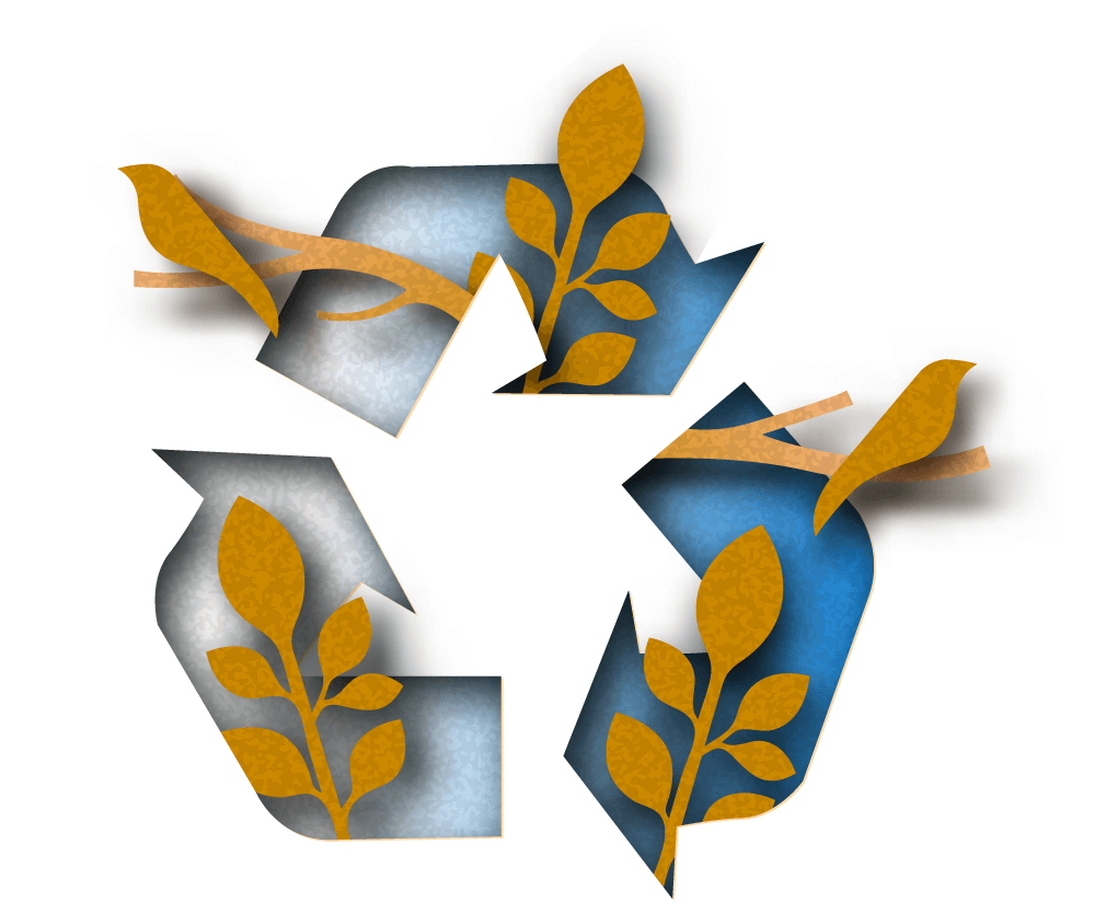 CCL Design sustainaibility,Illustration if a recycling symbol entertwined with paper cutouts of plants and animals